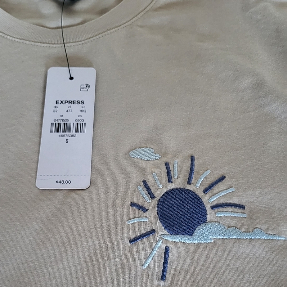 Express premium cotton t-shirt. Size small. Cream color. Embroidered graphics. - Picture 2 of 5